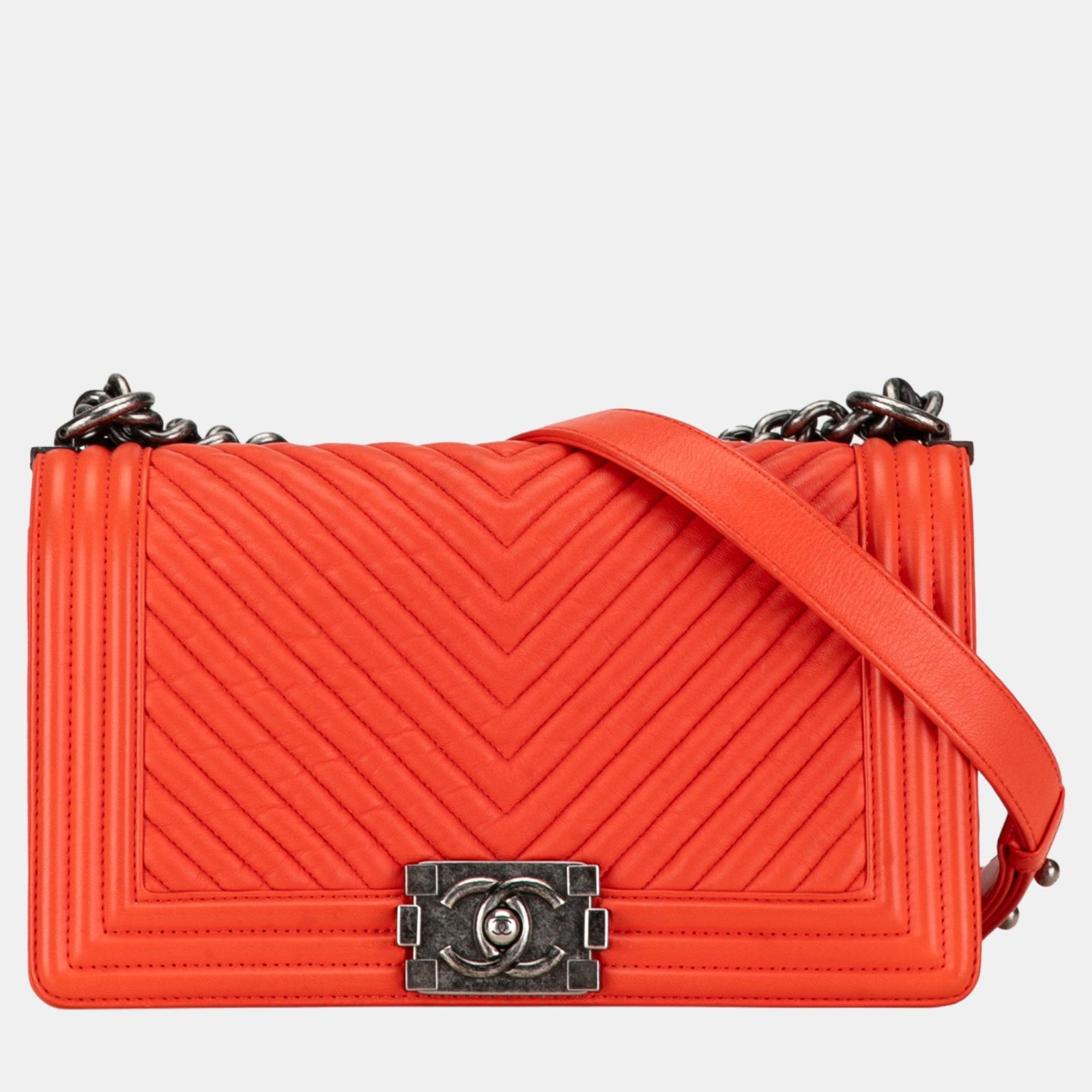 Chanel Orange Medium Chevron Lambskin Boy Flap