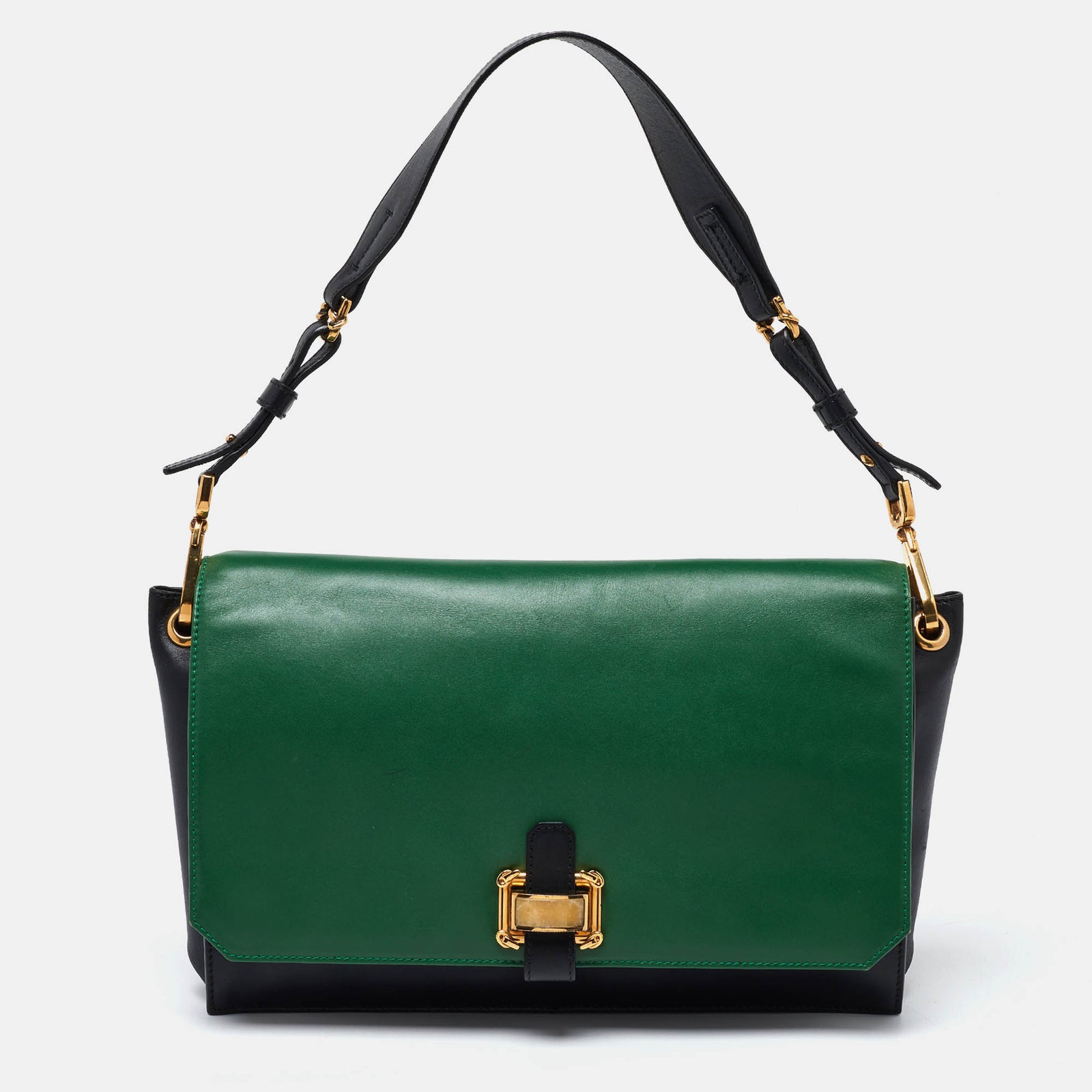 Oscar De La Renta Green/Black Leather Flap Shoulder Bag