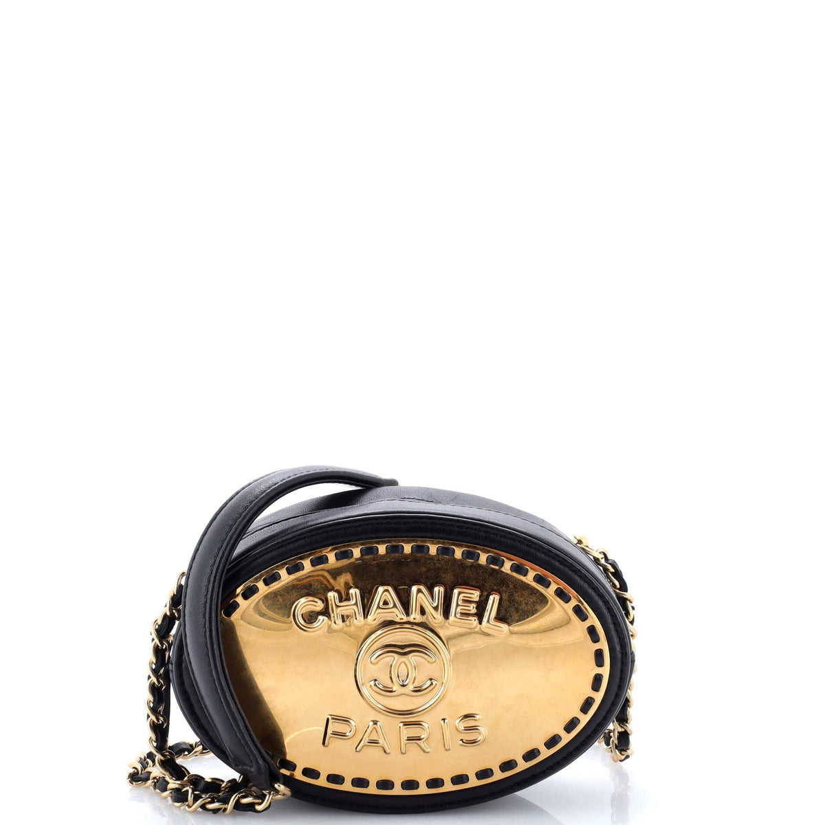 Chanel CHANEL Logo Plate Oval Clutch With Chain Metal and Lambskin
