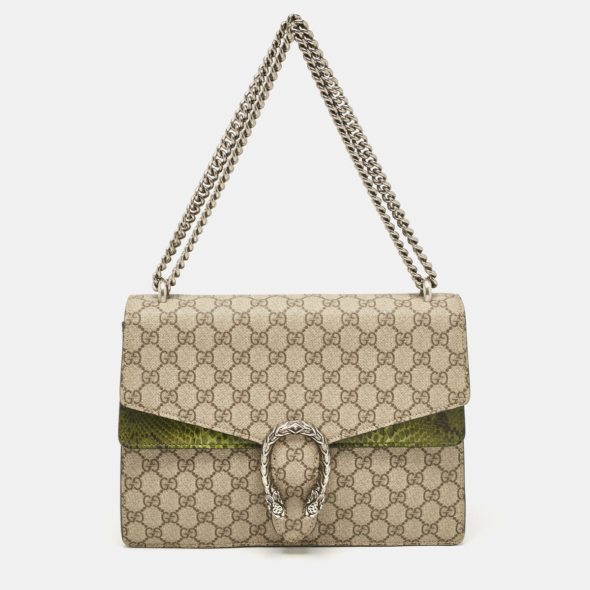 Gucci Beige/Green GG Supreme Canvas and Python Medium Dionysus Shoulder Bag