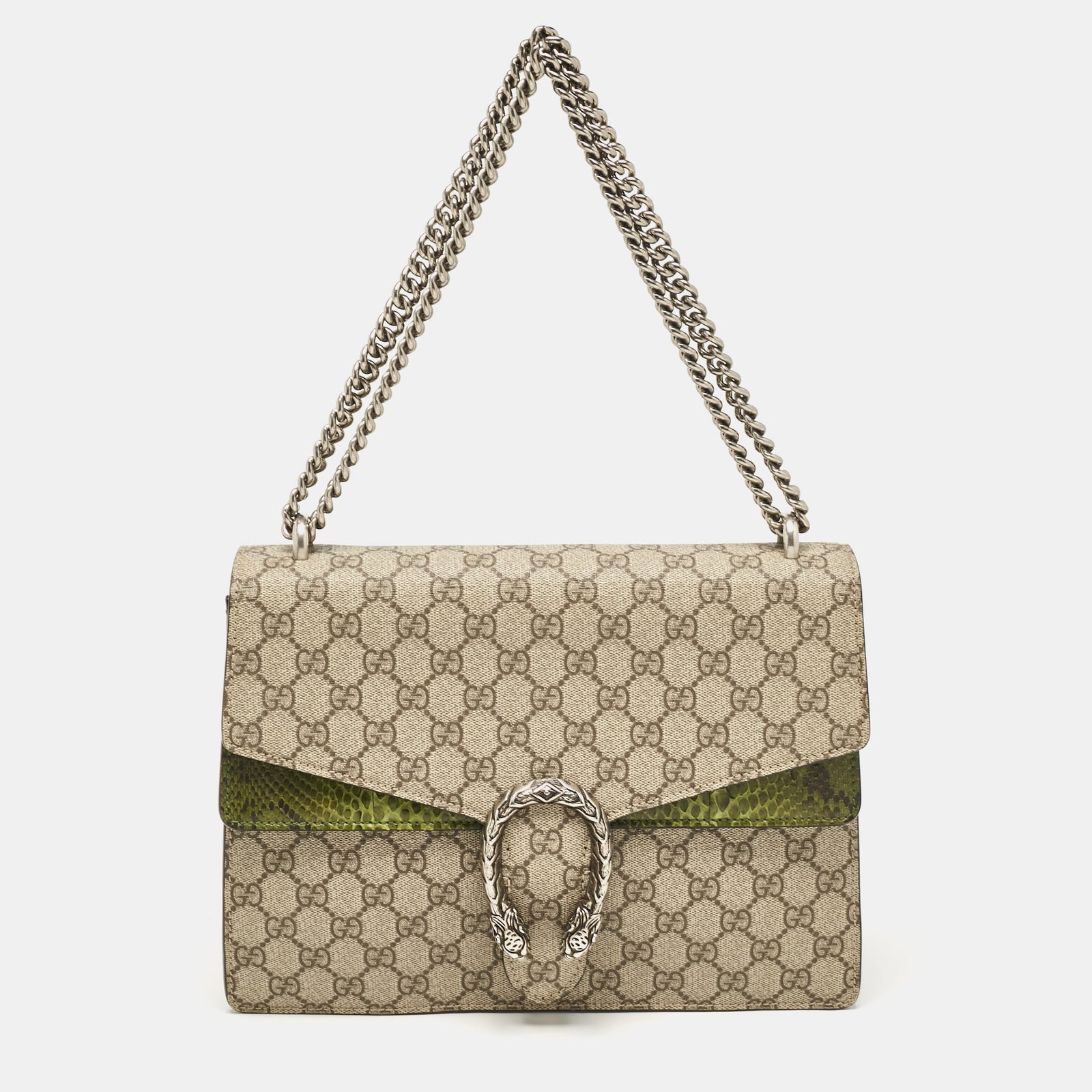 Gucci Mittelgroße Dionysus-Schultertasche aus GG Supreme-Canvas und Pythonleder in Beige/Grün