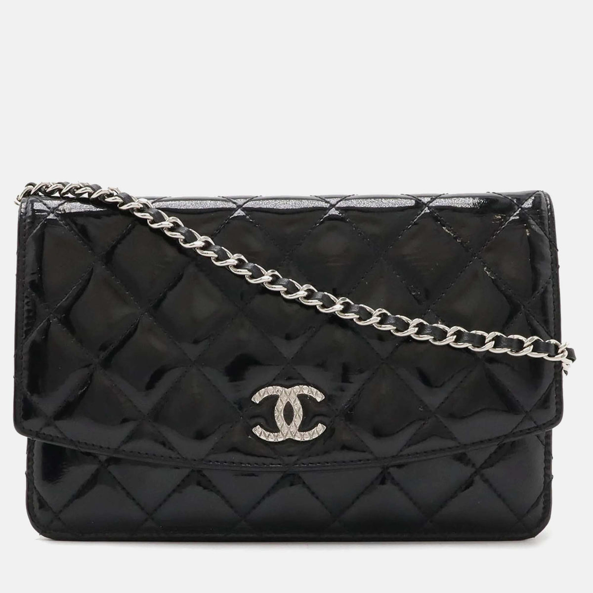 Chanel Black Enamel Leather Matelasse Chain Wallet Pochette