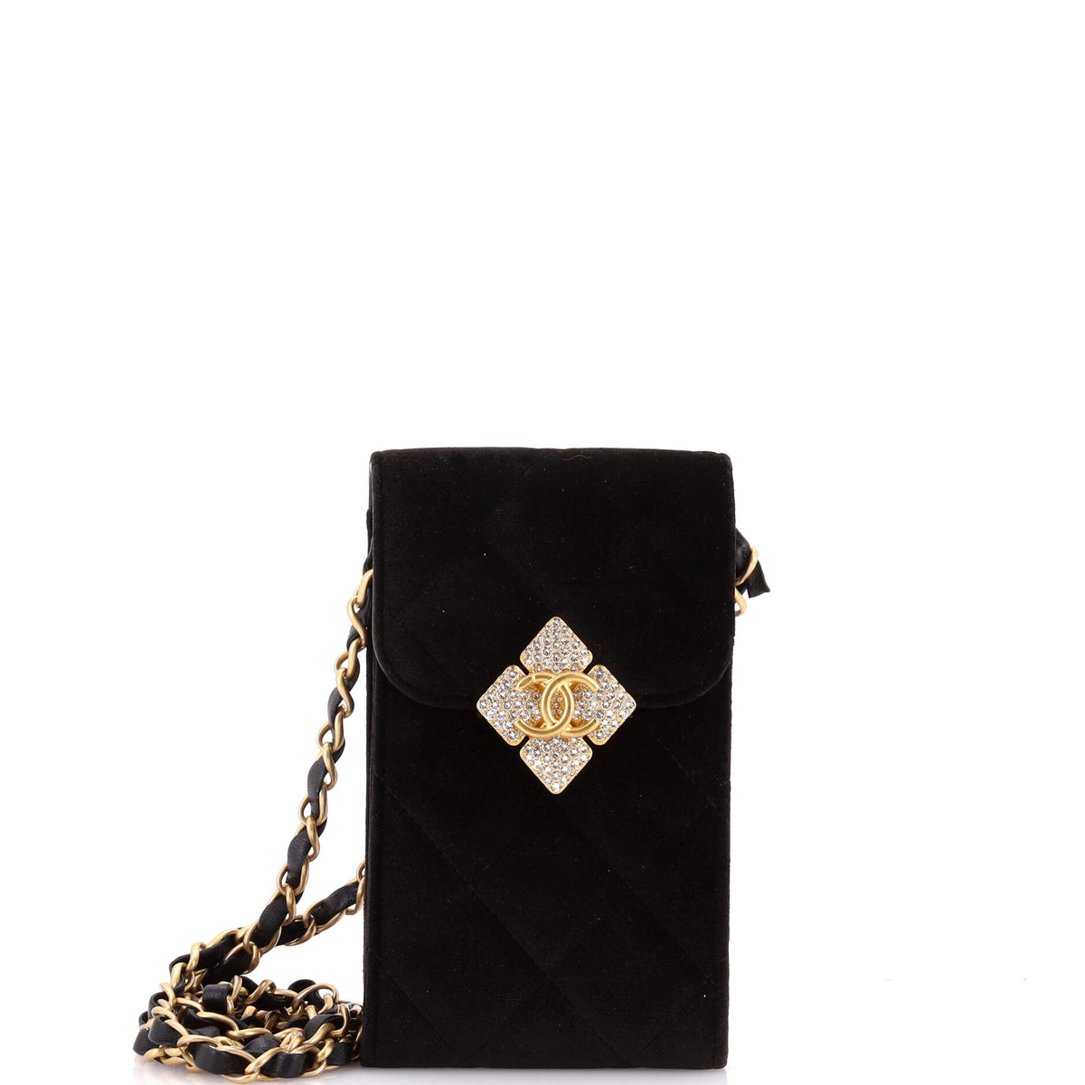 Chanel CHANEL Diamond Lock CC Phone Holder with Chain Quilted Velvet with Crystals