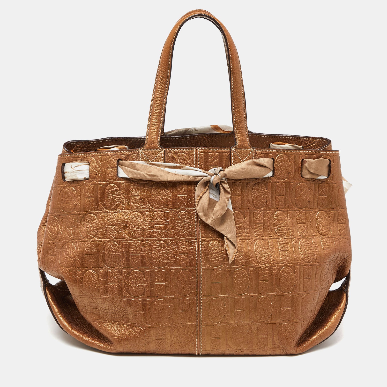 Carolina Herrera Bronze Monogram Embossed Leather Scarf Tote