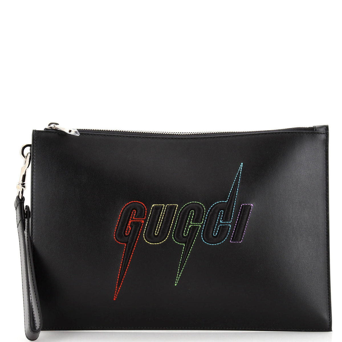 Gucci GUCCI Blade Logo Wristlet Pouch Embroidered Leather