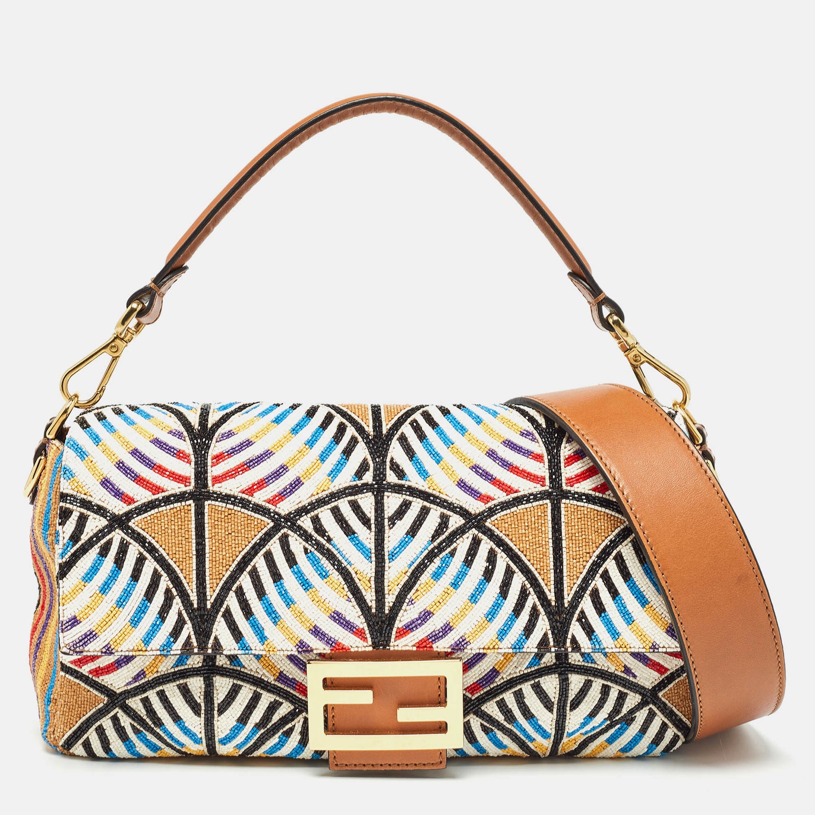 Fendi Multicolor Peacock Motif Beaded Baguette Bag