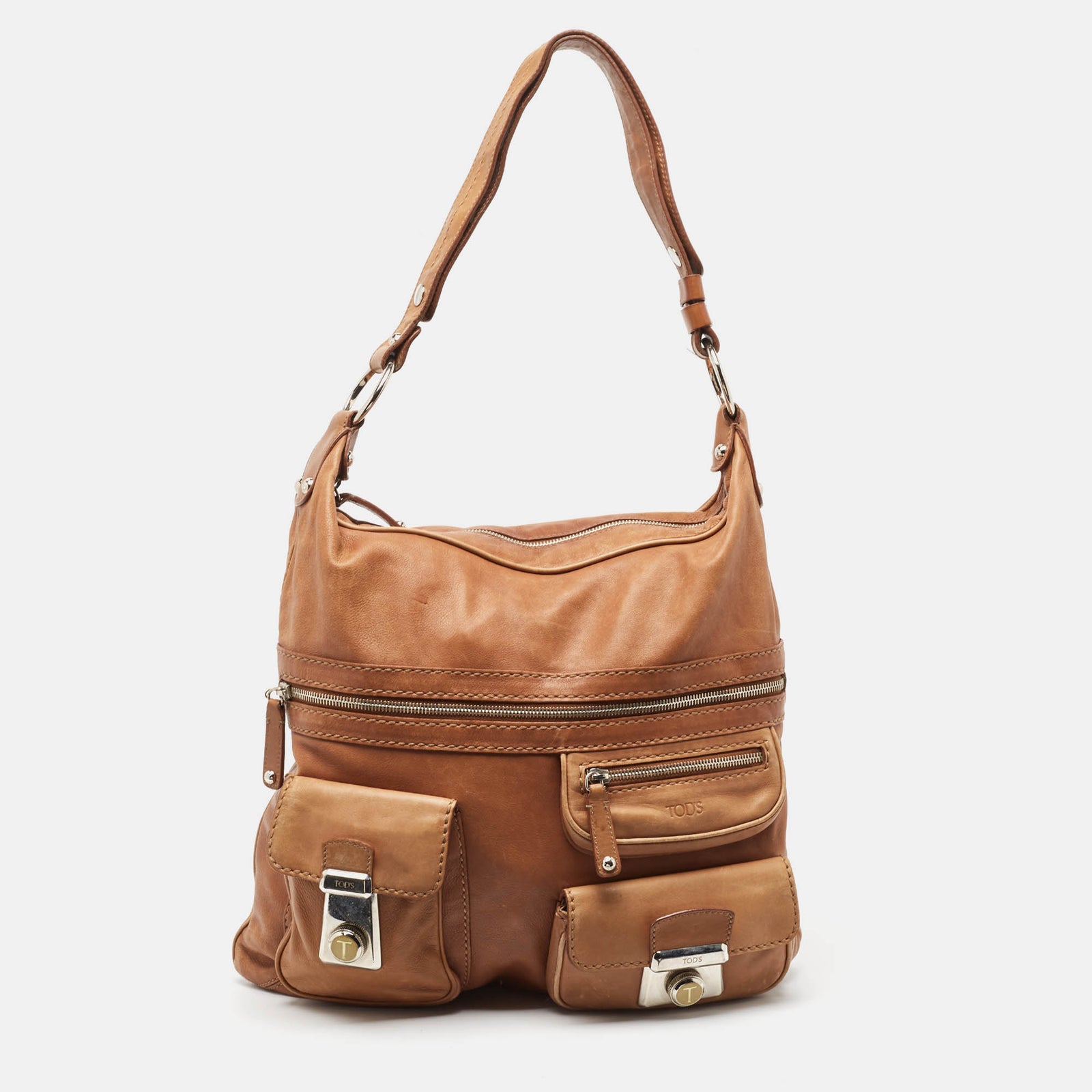 Tod's Brown Leather Took Tracolla Media Hobo