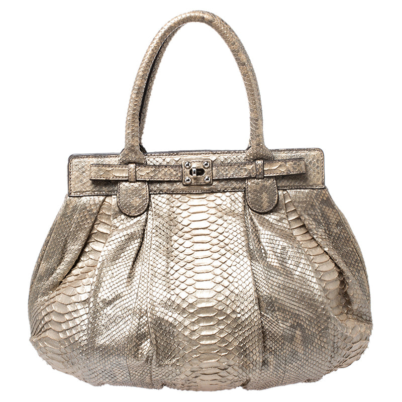 Zagliani Metallic Gold Python Puffy Hobo