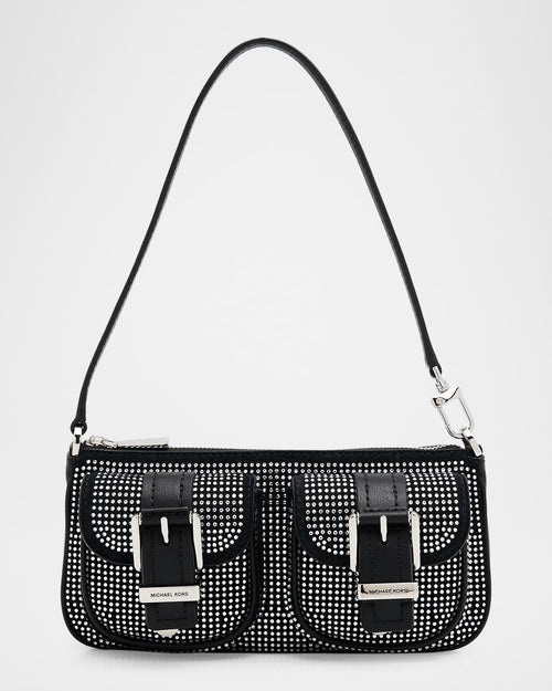 Zoe Small Rhinestone Suede Pochette Shoulder Bag