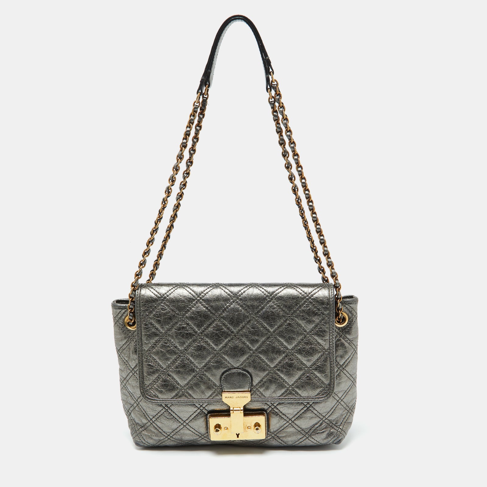 Marc Jacobs Schultertasche aus gestepptem Metallic-Leder mit Druckverschluss und Klappe