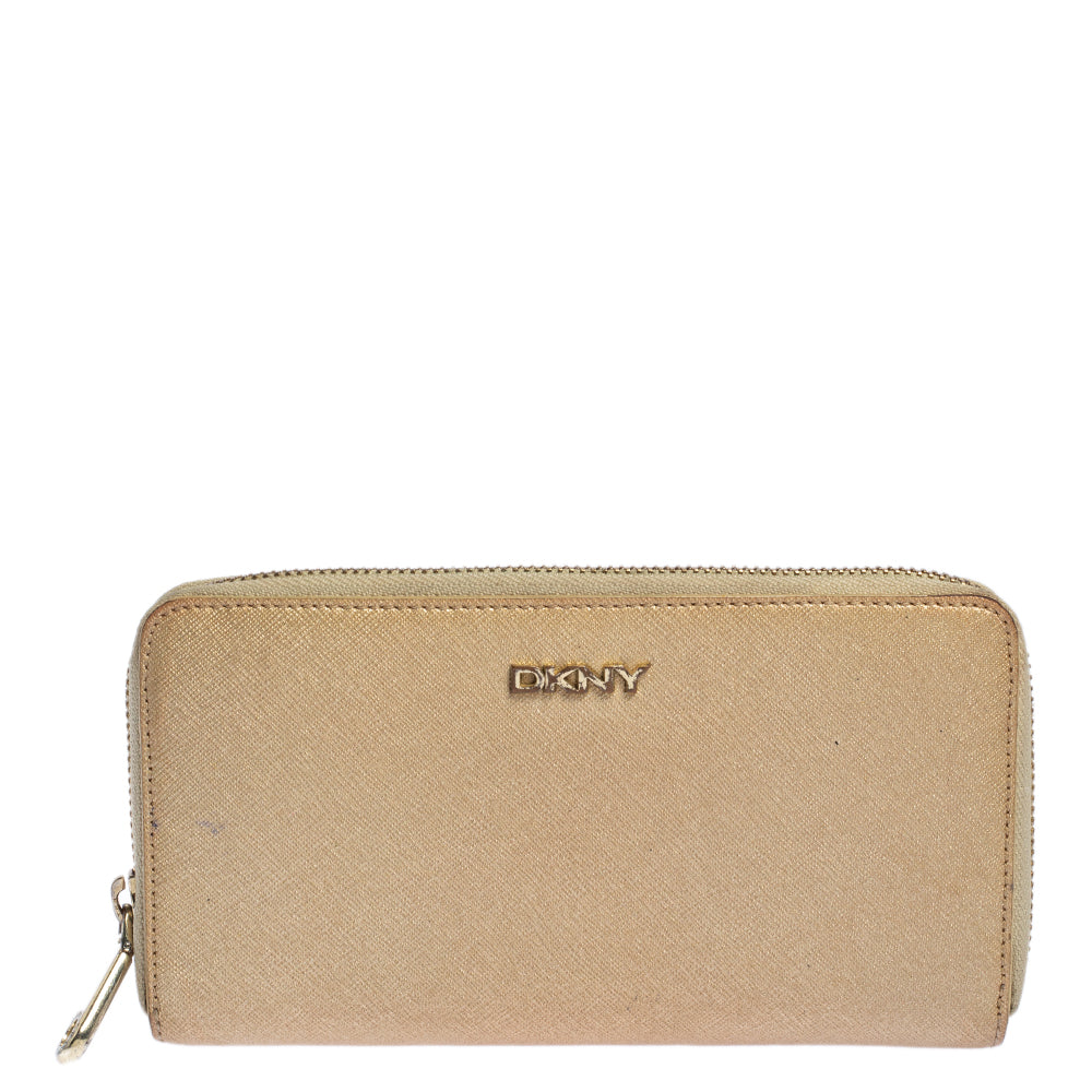 DKNY Portefeuille zippé en cuir beige métallisé