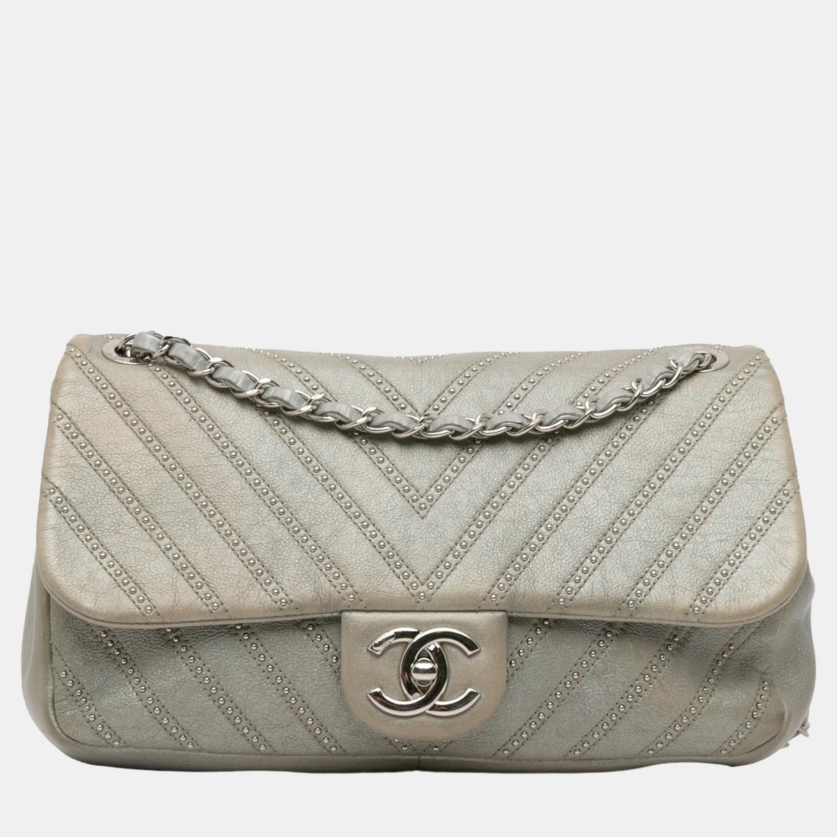 Chanel Silver Small Chevron Calfskin Stud Wars Flap