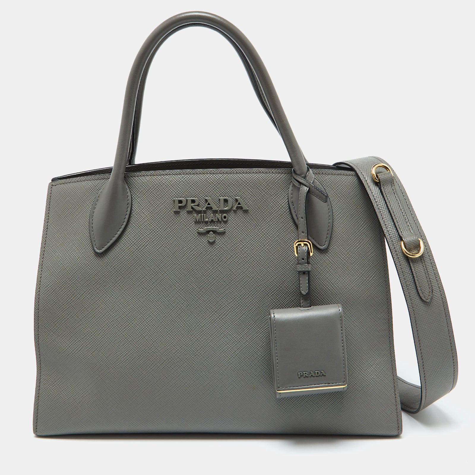 Prada Grey Saffiano Cuir Leather Monochrome Tote