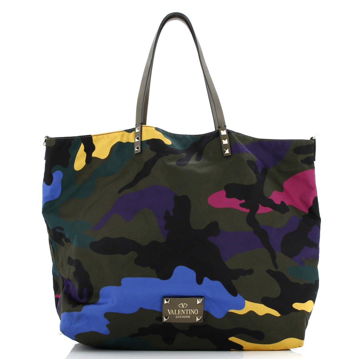 Valentino VALENTINO GARAVANI Rockstud Open Reversible Convertible Tote Camo Nylon Medium