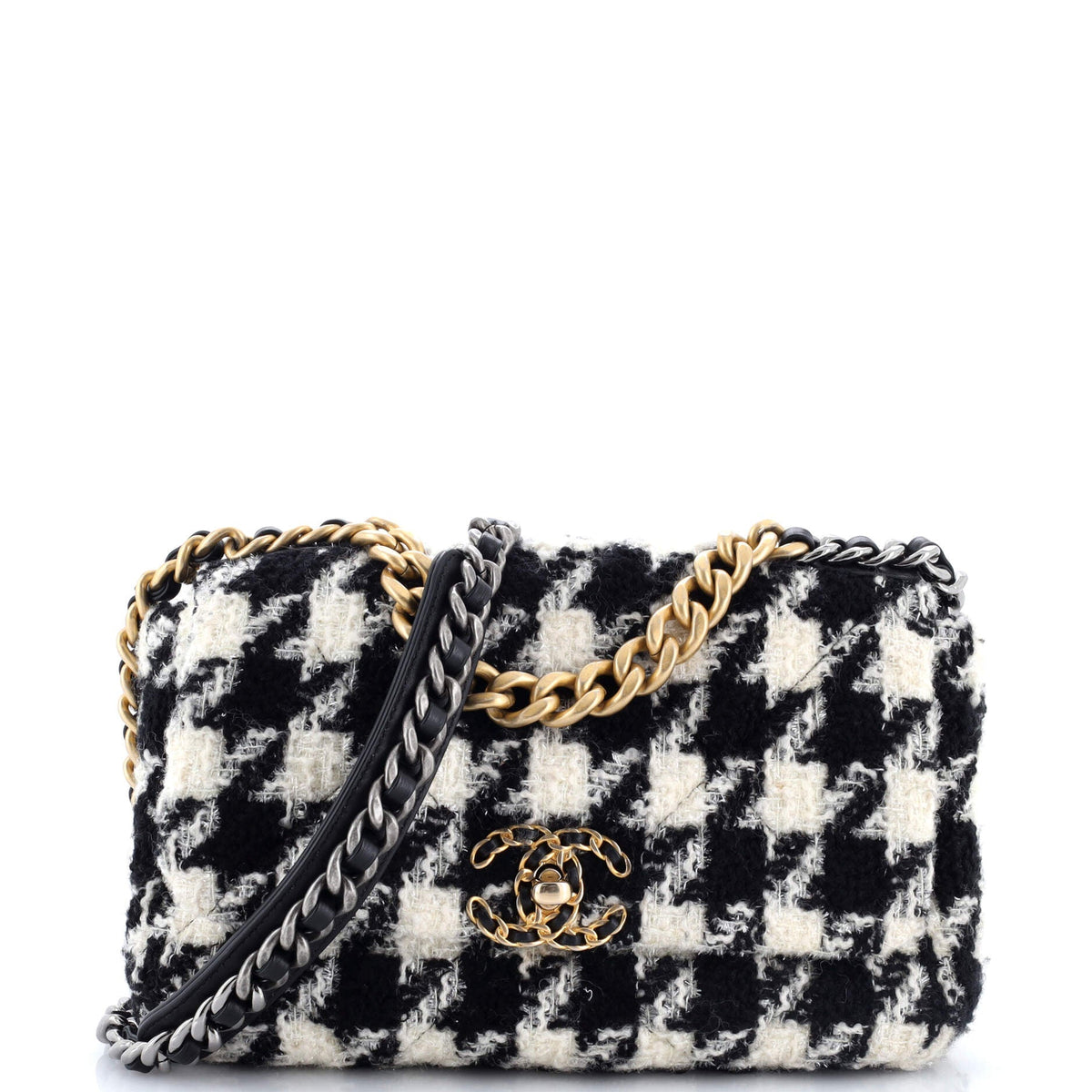 Chanel CHANEL 19 Flap Bag Quilted Houndstooth Tweed and Ribbon Medium