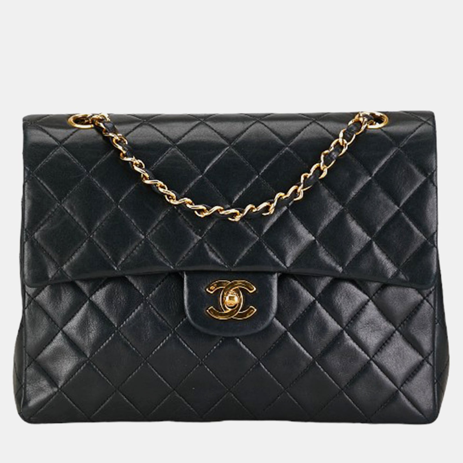 Chanel Klassische mittelgroße Schultertasche aus schwarzem Lammleder mit Doppelklappe