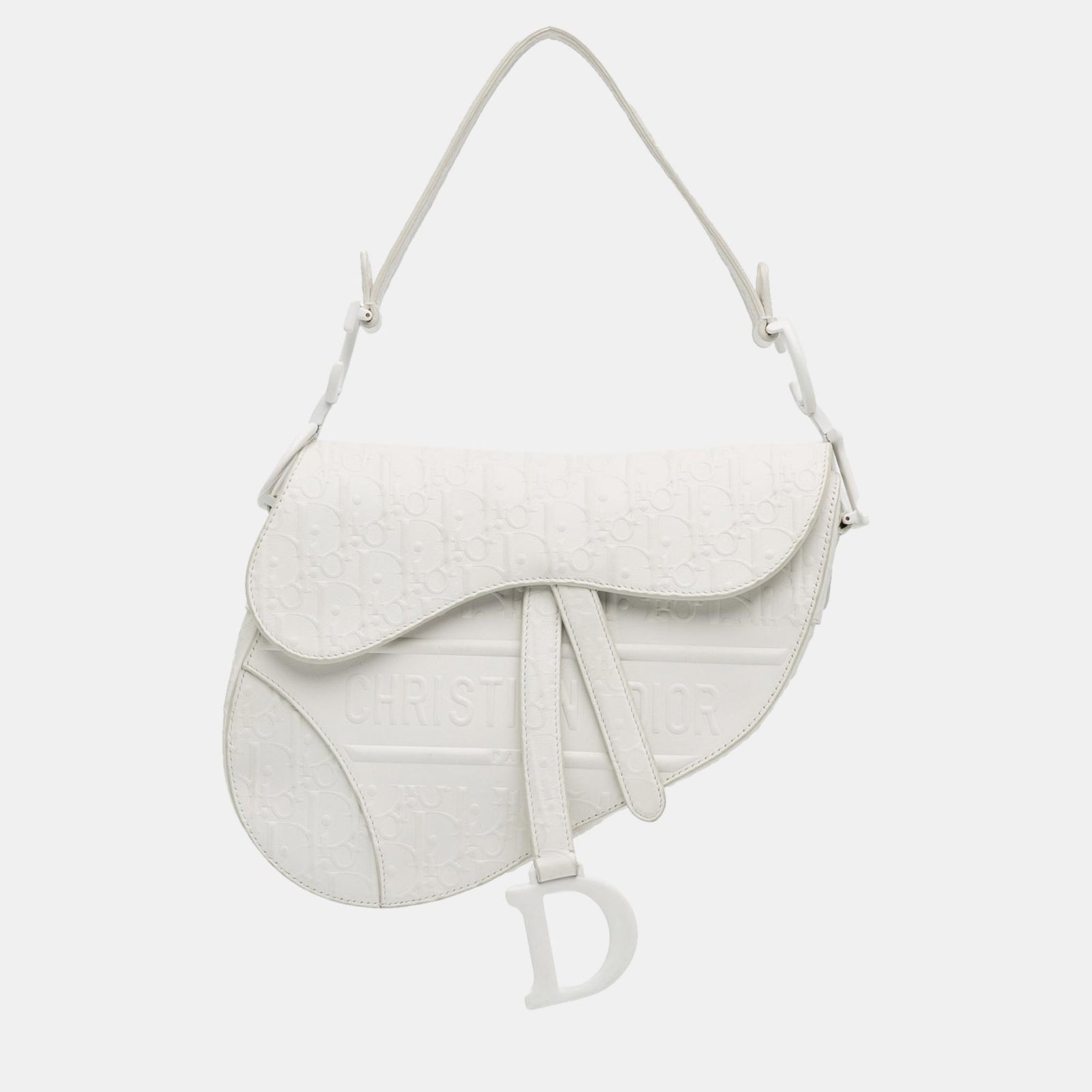 Dior White Embossed Leather Oblique Saddle Bag