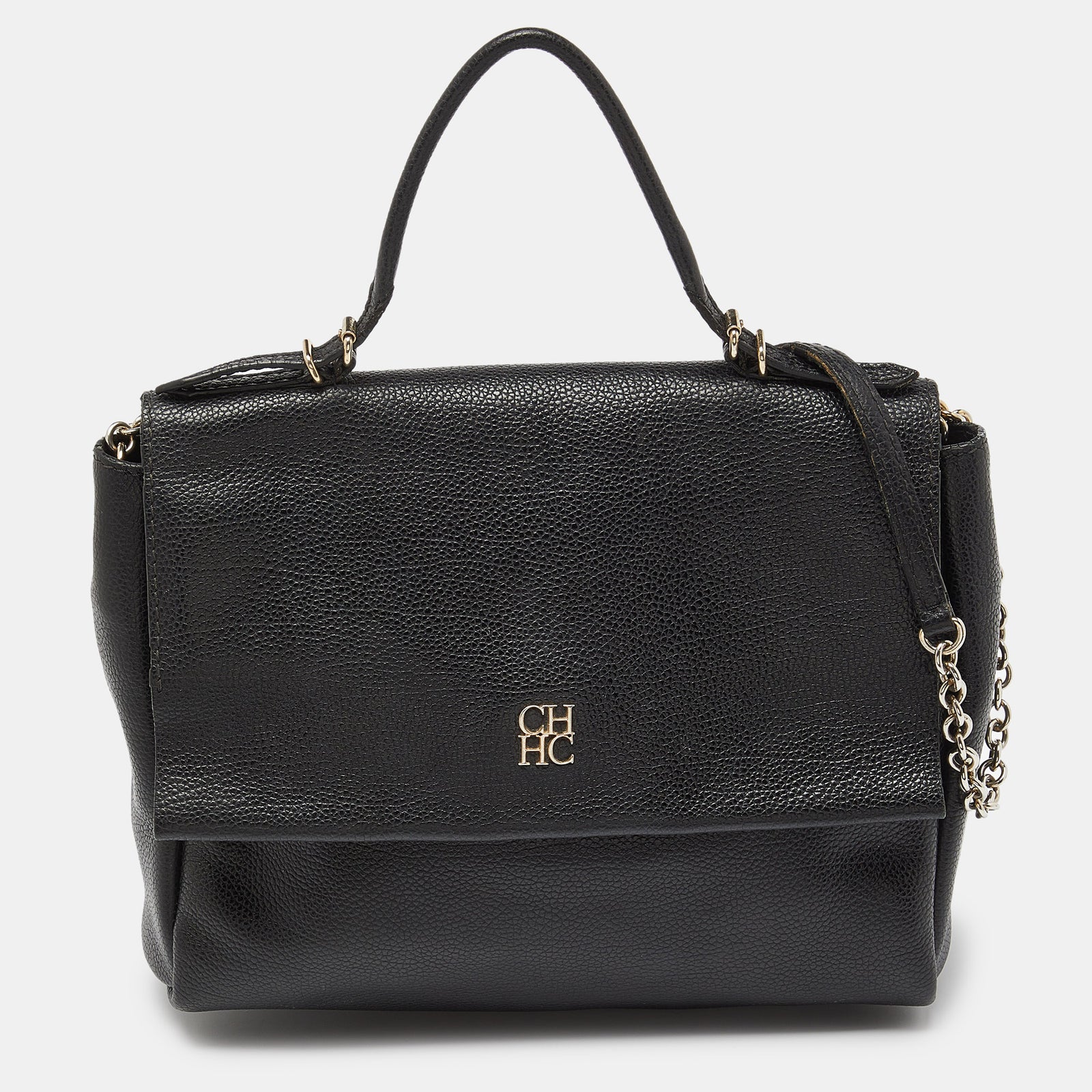 Ch Carolina Herrera Black Leather Minuetto Flap Top Handle Bag