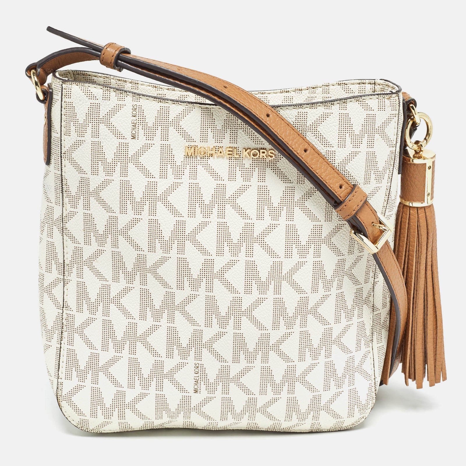 Michael Kors White Signature Coated Canvas and Leather Tassel Messenger Bag