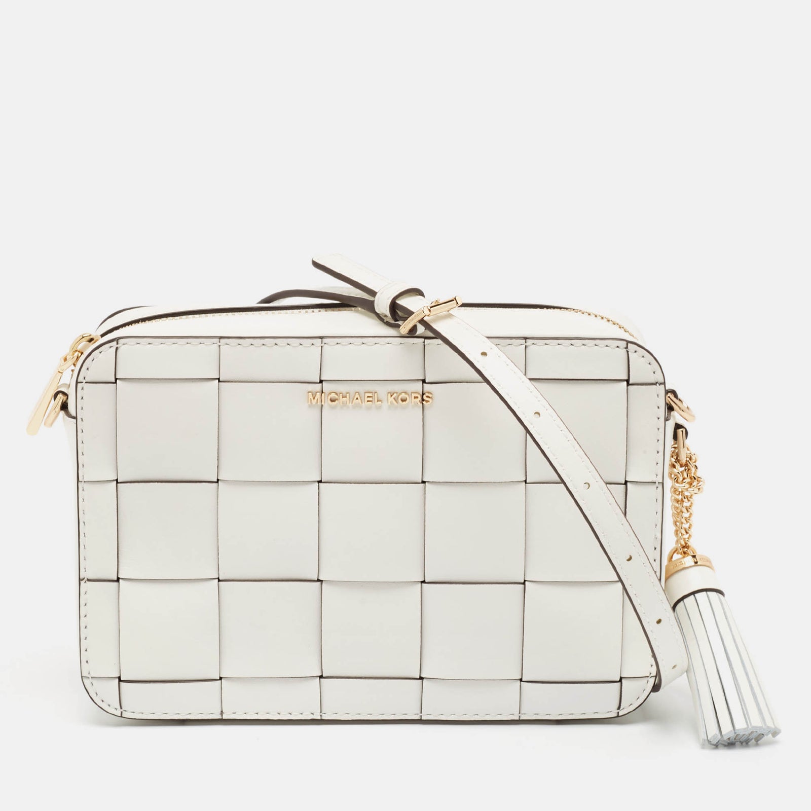 Michael Kors White Leather Medium Woven Jet Set Crossbody Bag