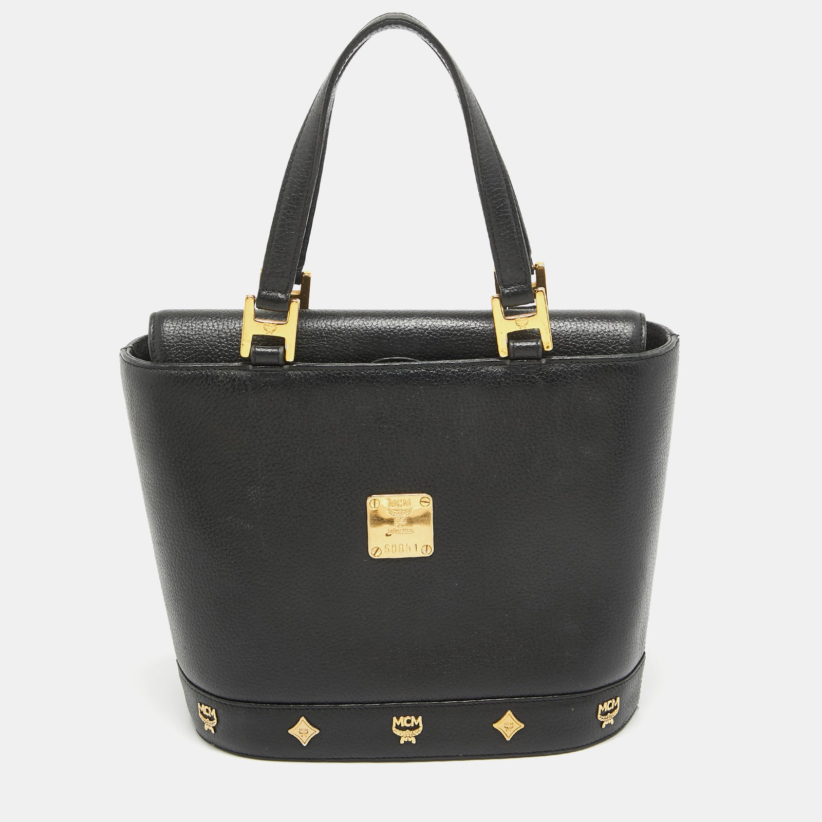 MCM Black Leather Flap Studded Bucket Tote