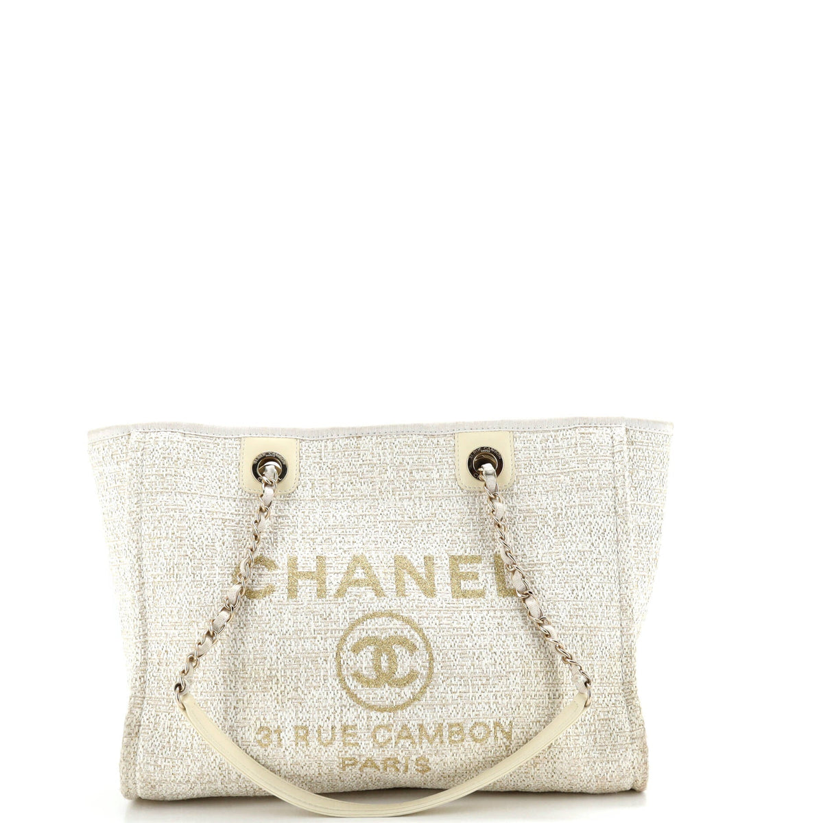 Chanel CHANEL Deauville Tote Raffia with Glitter Detail Small