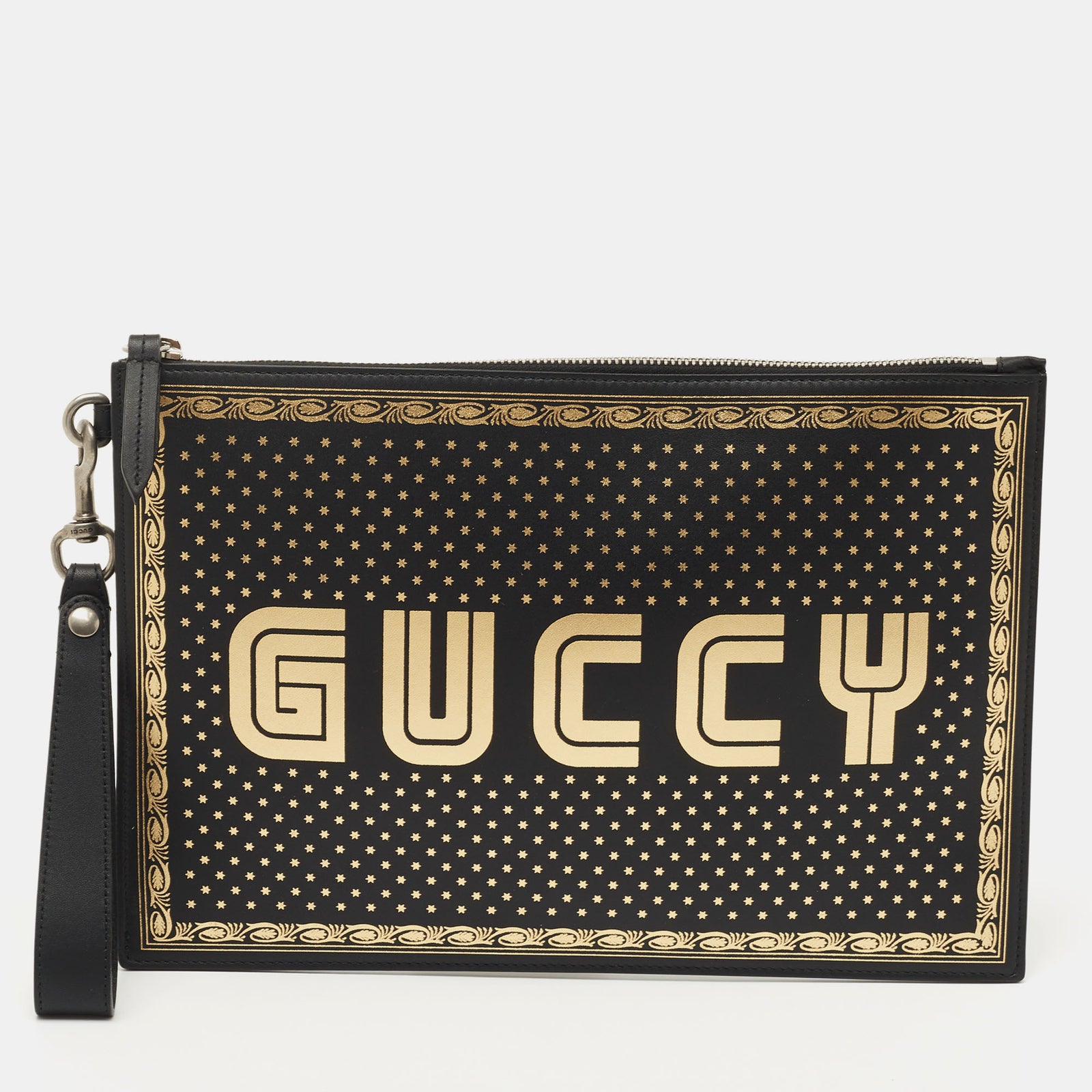 Gucci Pochette zippée Guccy en cuir noir/doré