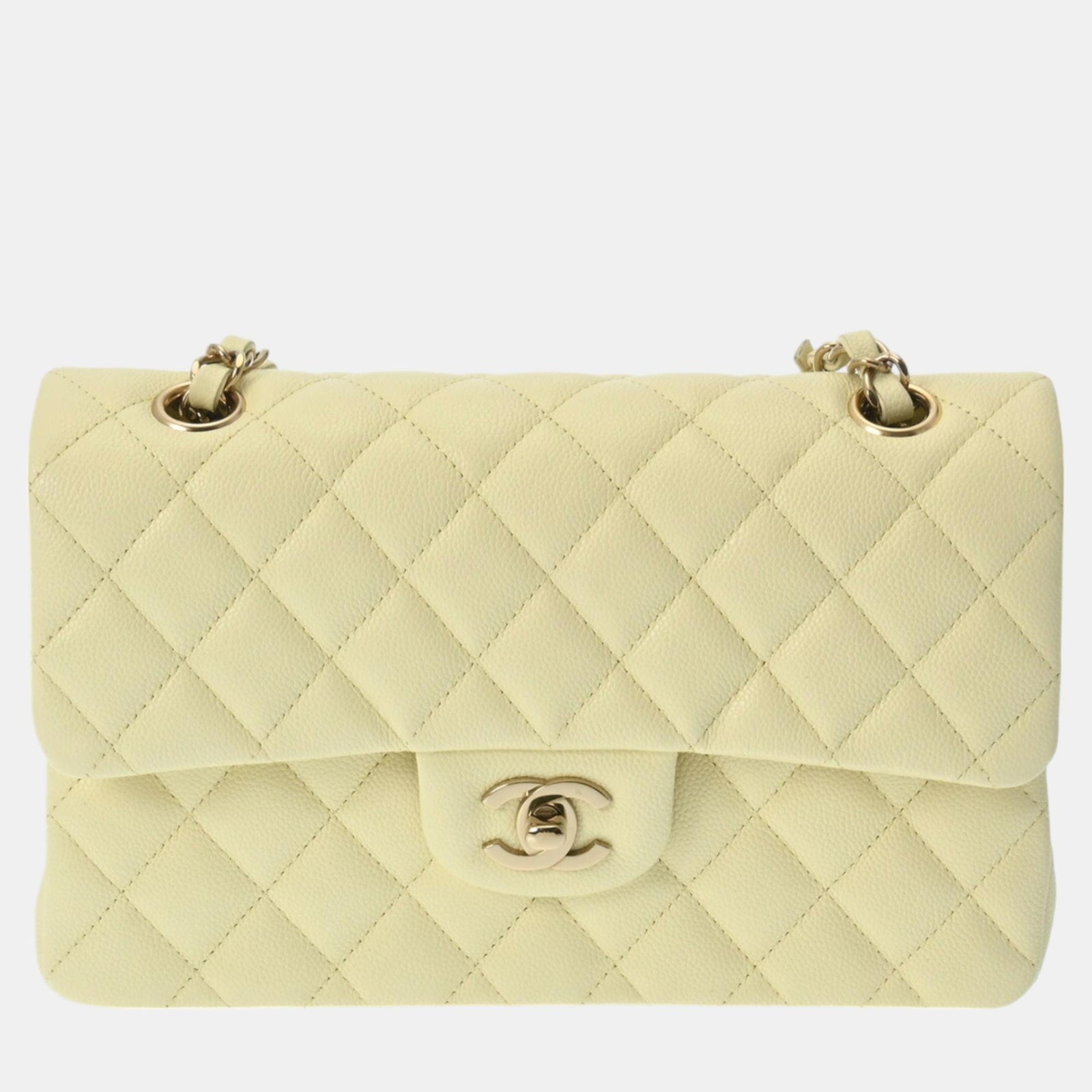 Chanel Hellgelbe Matelassé-Schultertasche aus Kaviarhaut mit Kette, 23 cm, mit Überschlag