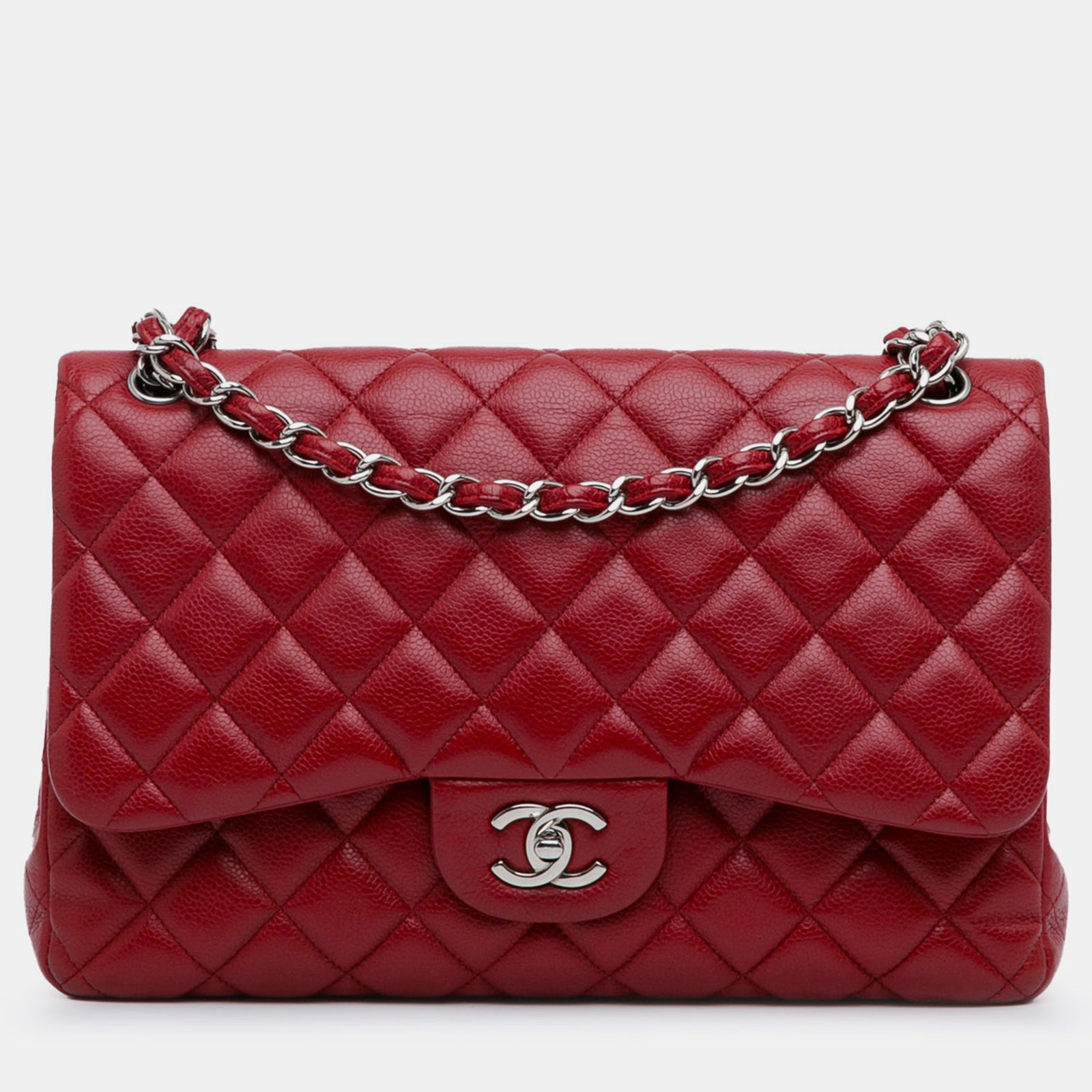 Chanel Klassische Jumbo-Tasche mit Doppelklappe aus rotem Kaviarleder