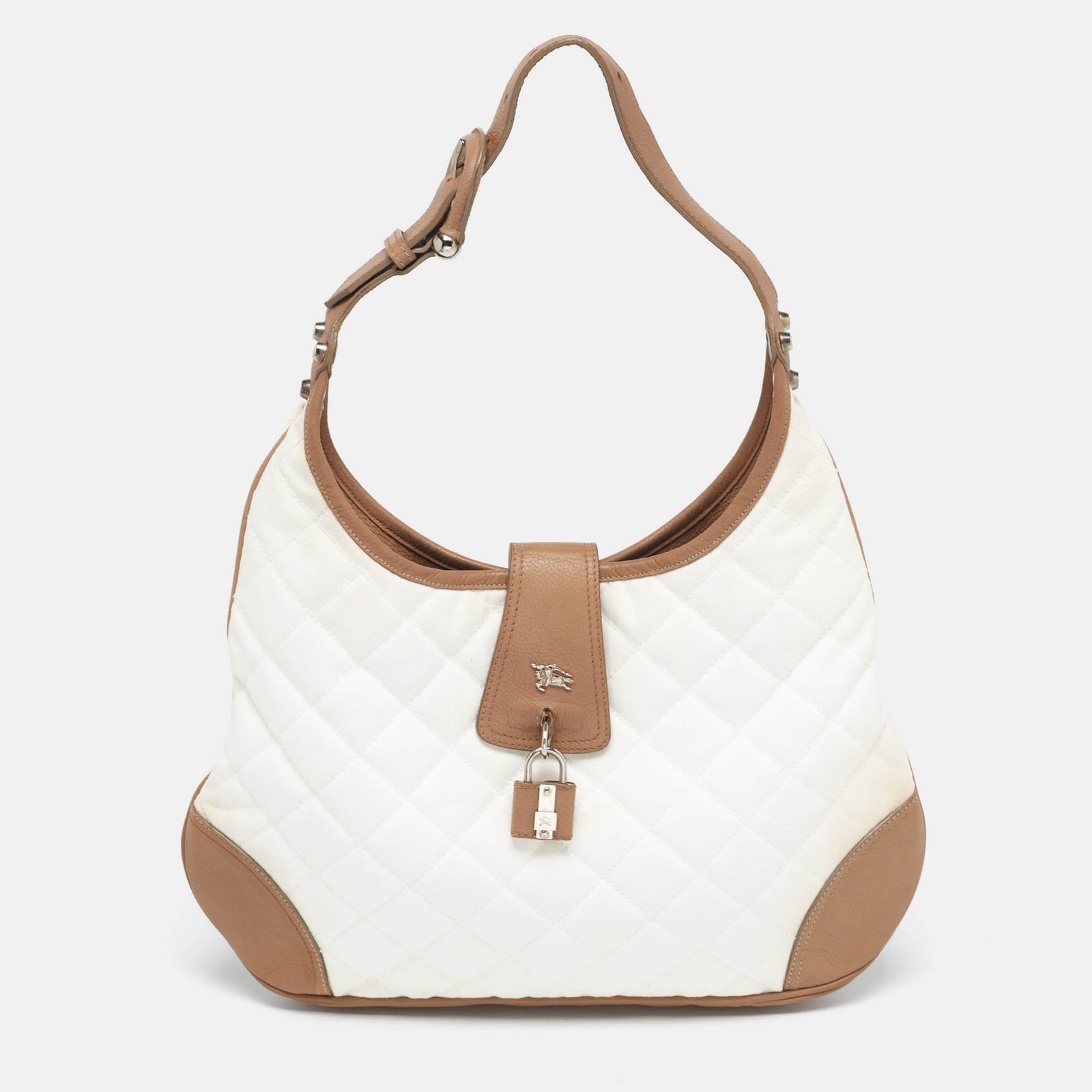 Burberry Sac hobo Brooke en toile matelassée et cuir blanc/marron