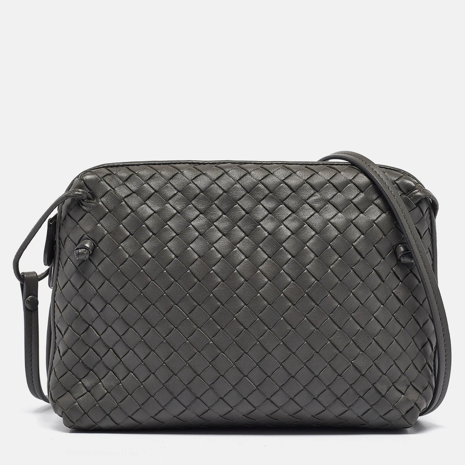 Bottega Veneta Grey Intrecciato Leather Nodini Double Zip Crossbody Bag