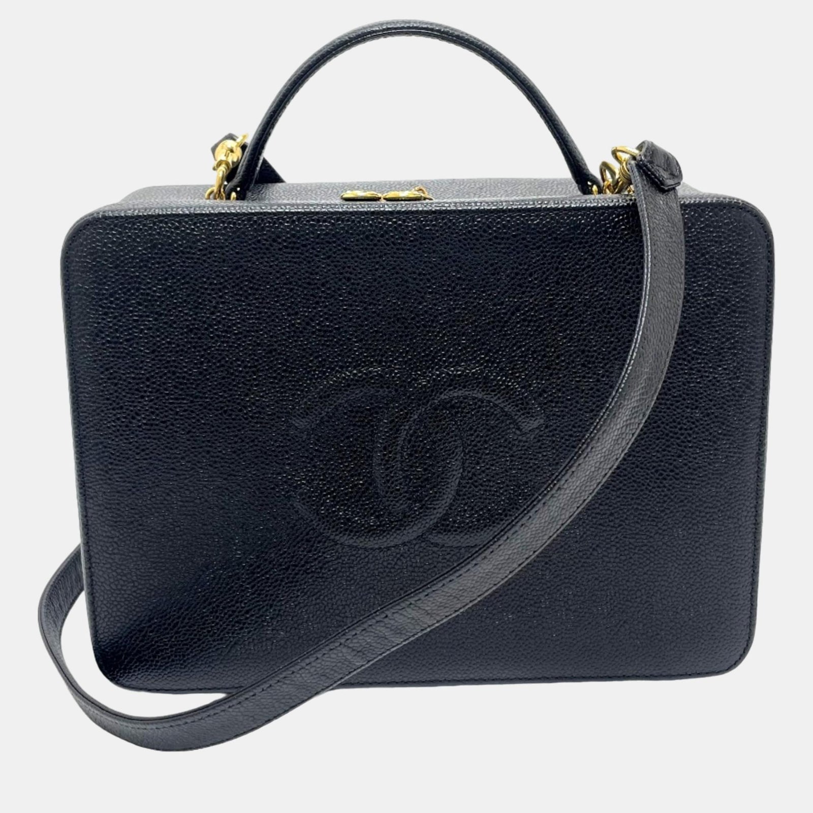 Chanel Schwarze CC-Tasche aus filigranem Leder mit Henkel