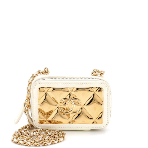CHANEL Golden Plate Zip Around Vanity Case with Chain Quilted Metal and Lambskin Extra Mini