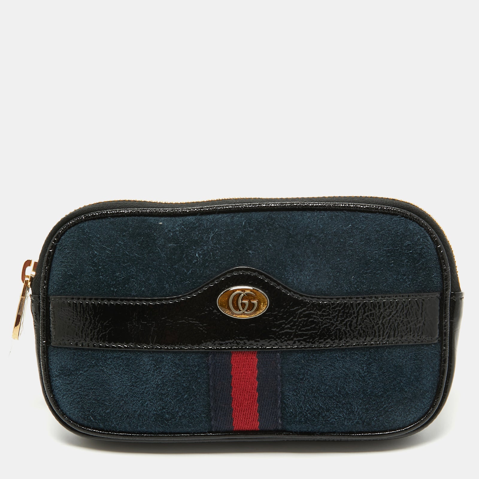 Gucci Ophidia Gürteltasche aus Wildleder und Lackleder in Schwarz/Marineblau