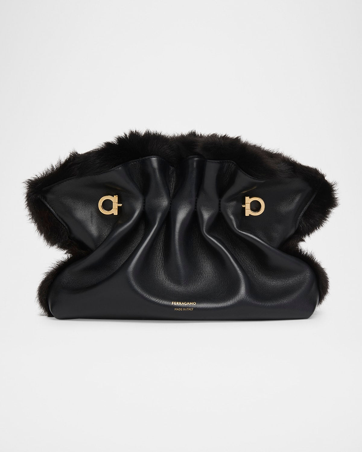 Ferragamo Ruched Shearling-Trim Soft Shoulder Bag