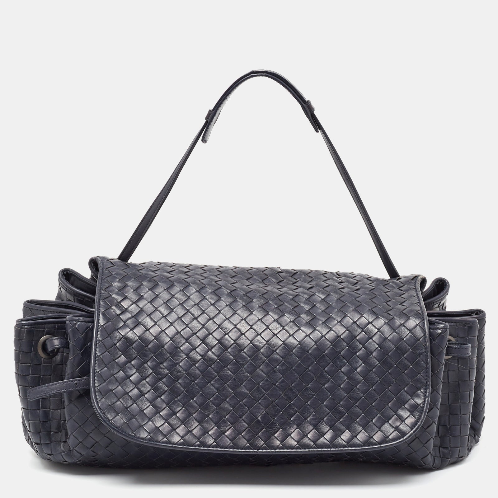 Bottega Veneta Sac à rabat avec cordon de serrage en cuir intrecciato bleu marine