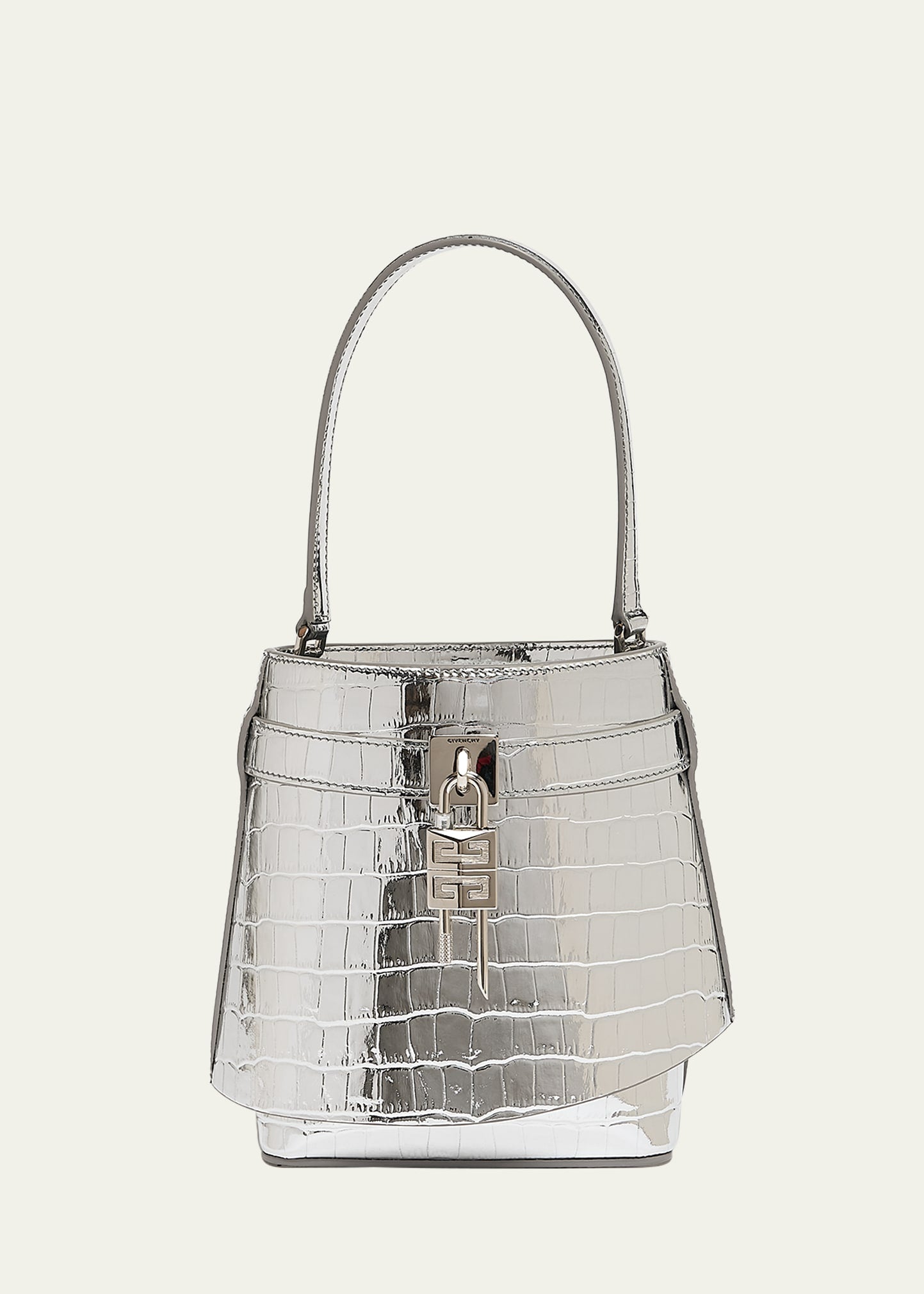 Boss Shark Lock Bucket Bag in Metallic Croc-Embossed Leather