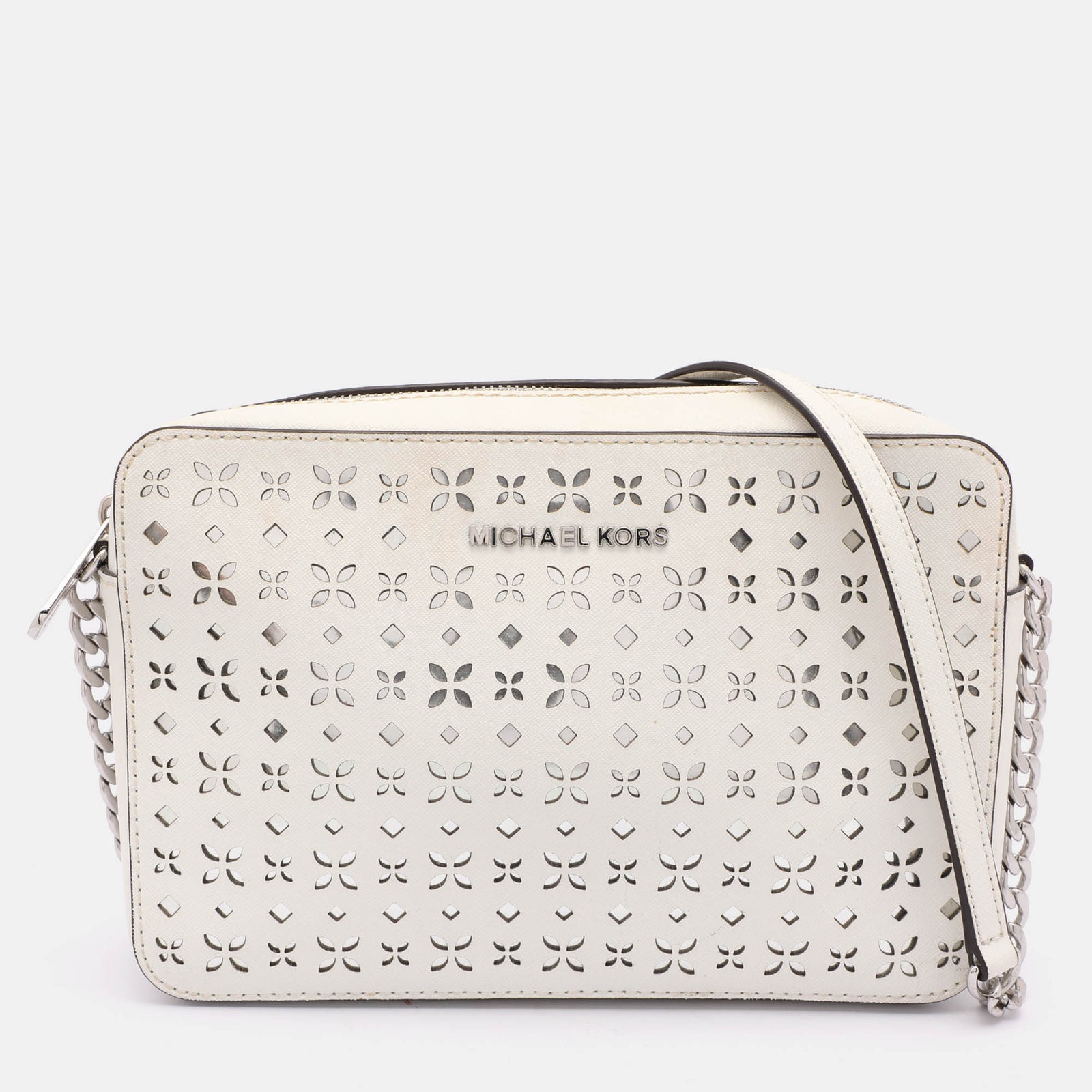 Michael Kors White Leather Laser Cut East West Crossbody Bag