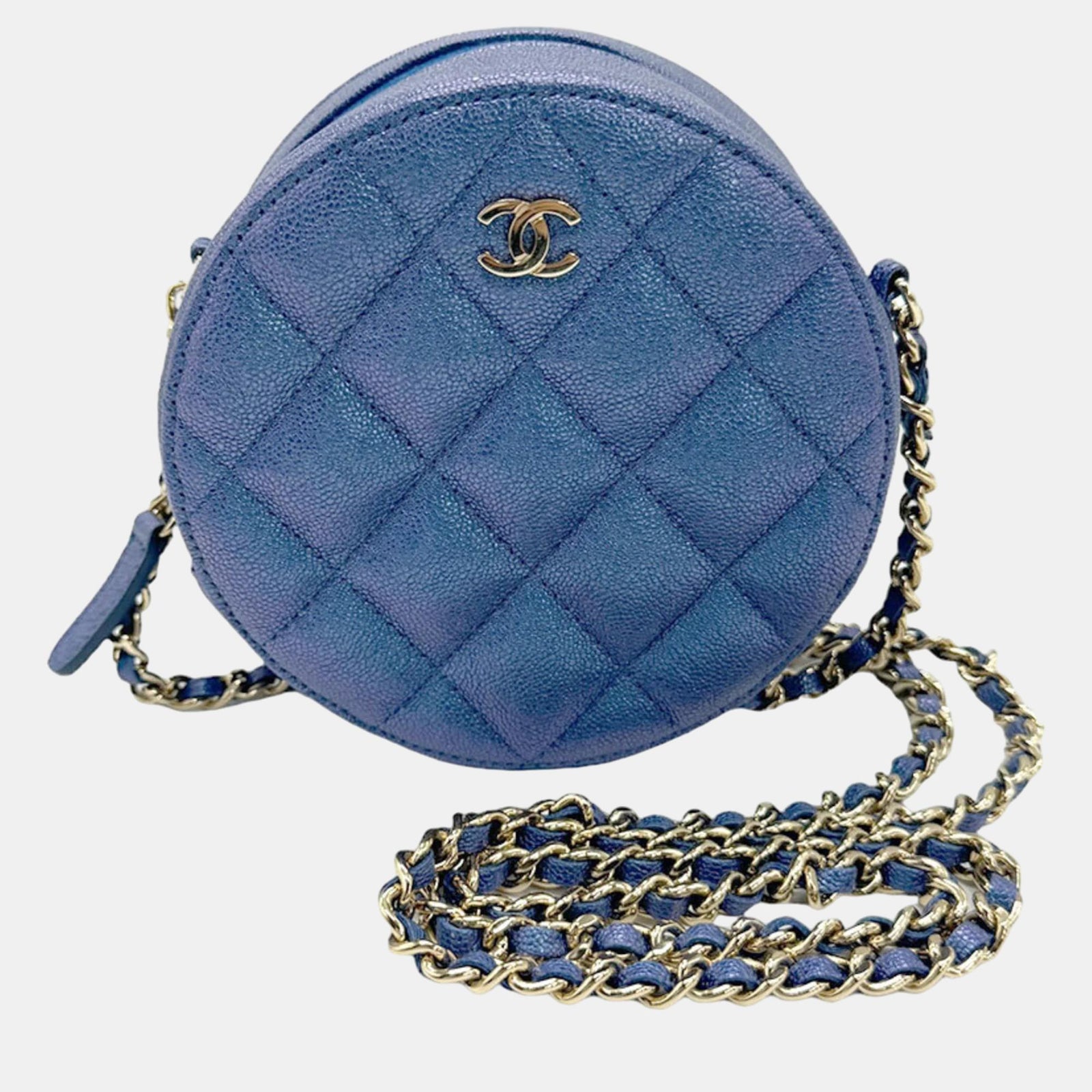 Chanel Runde CC-Schultertasche aus metallisch blauem Leder