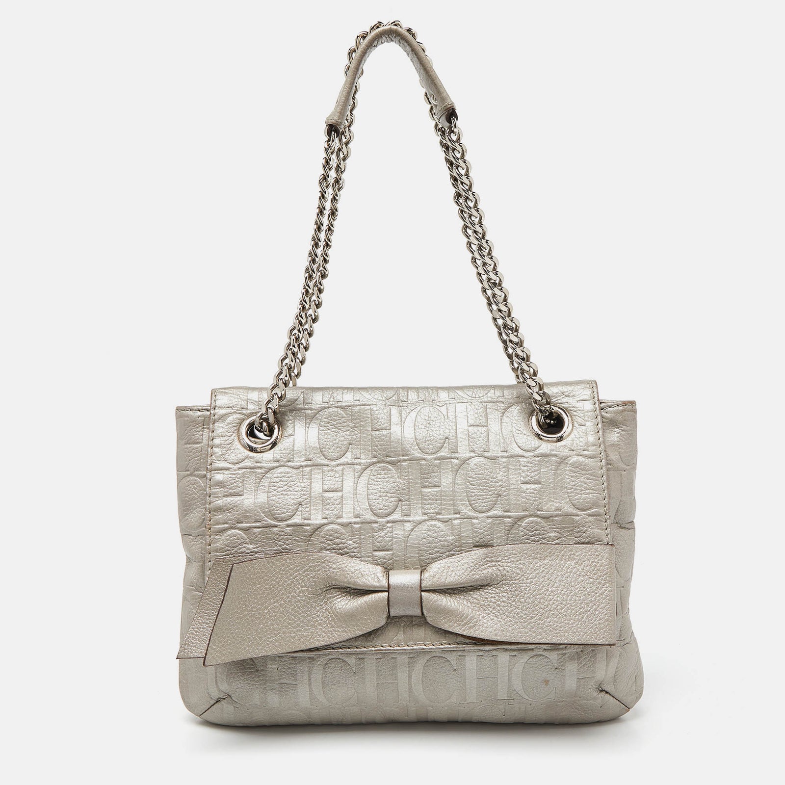 Ch Carolina Herrera Silver Monogram Embossed Leather Audrey Shoulder Bag