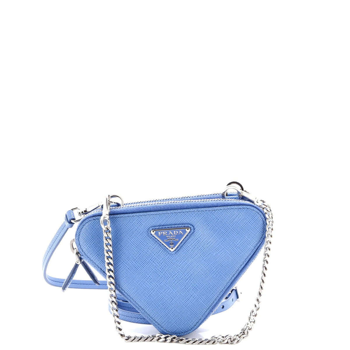 Prada PRADA Triangle Double Zip Pouch Bag with Chain Saffiano Leather Mini