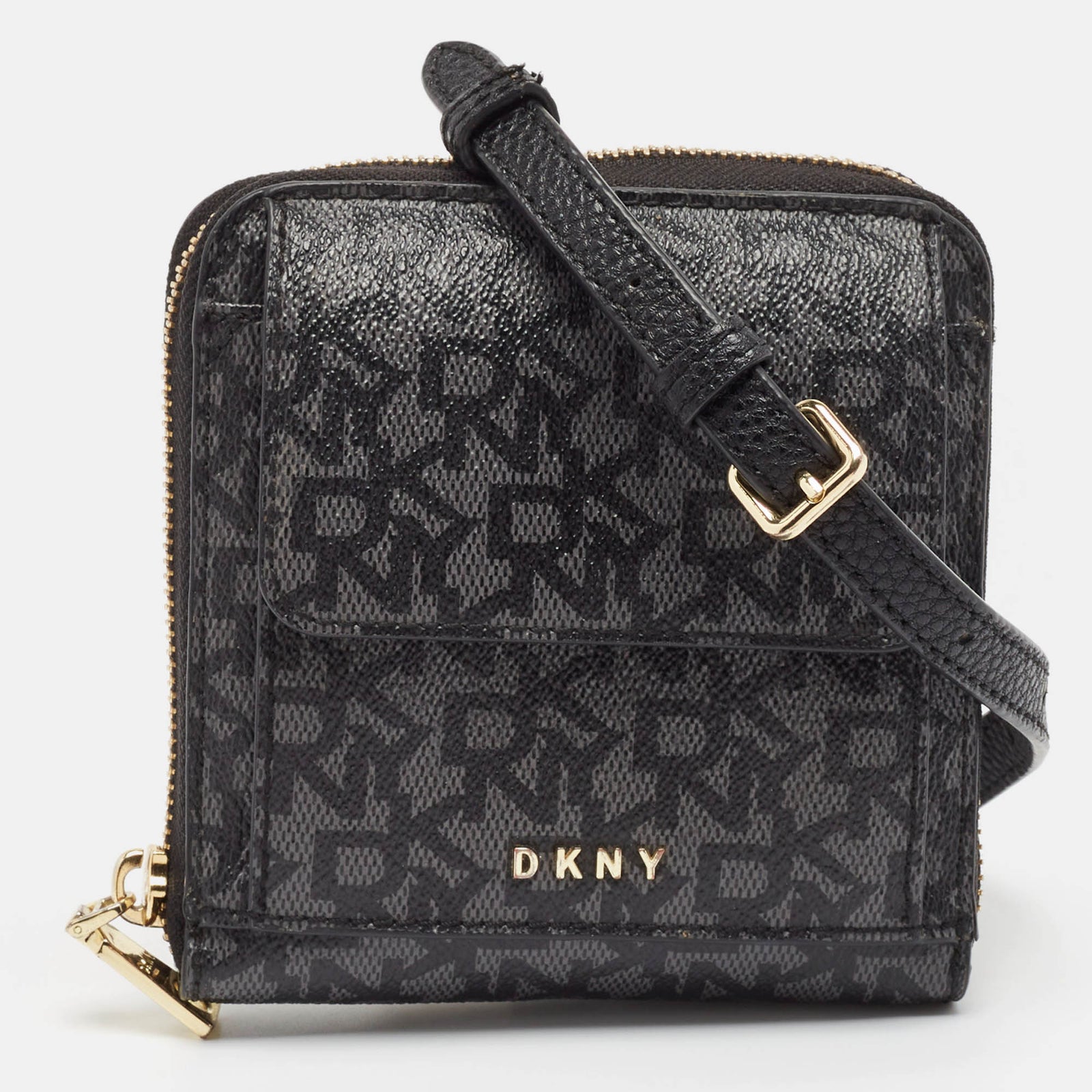 DKNY DKNY Black/Grey Signature Coated Canvas Mini Zip Around Olive Crossbody Bag