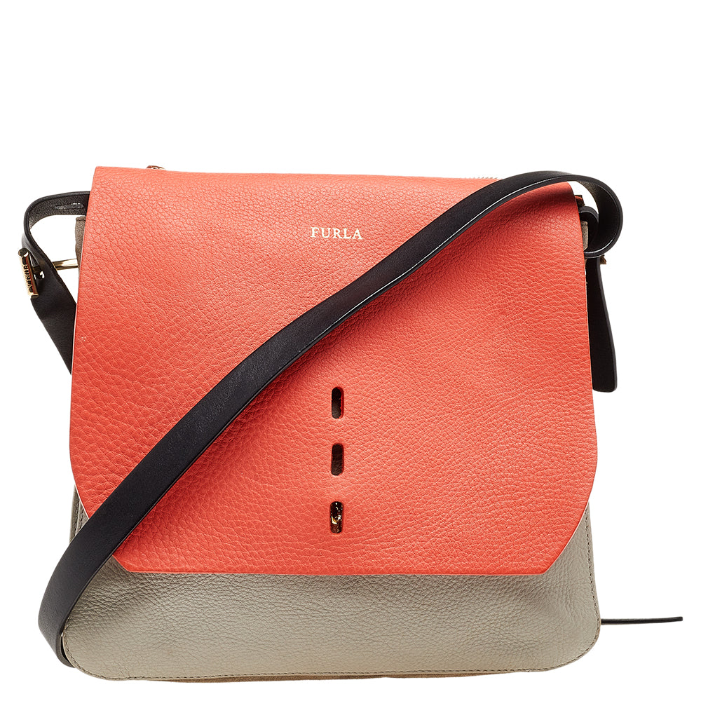 Furla Orange/Grey Leather And Suede Flap Shoulder Bag