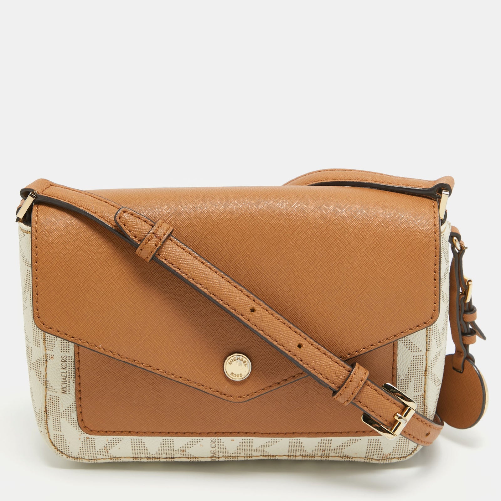 Michael Kors Beige/Brown Signature Coated Canvas and Leather Greenwhich Shoulder Bag