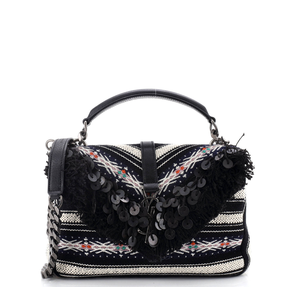 Saint Laurent Classic Monogram College Bag Canvas with Embellished Fringe Medium