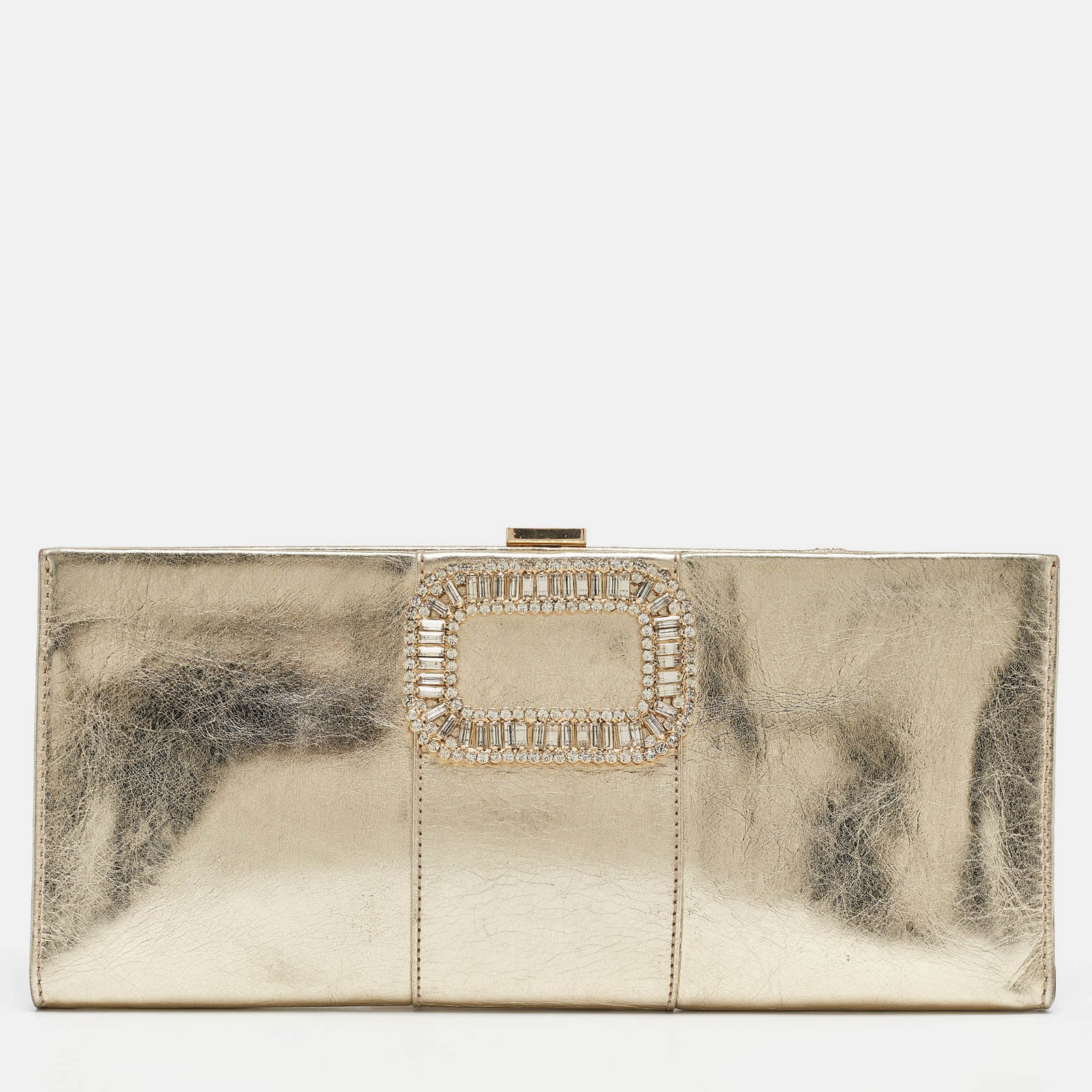 Roger Vivier Gold Leather Crystals Embellished Pilgrim Clutch