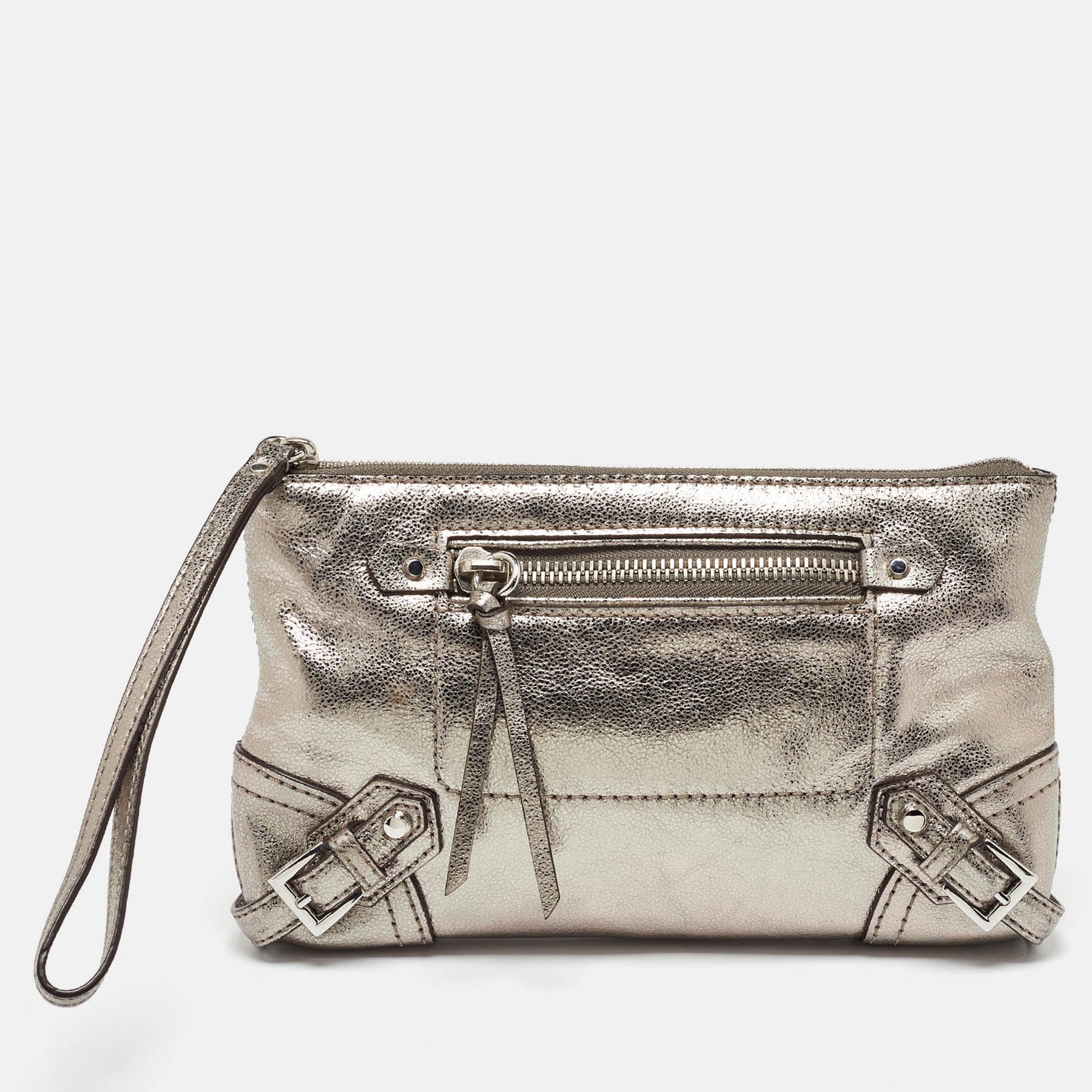 Michael Kors Metallic Grey Leather Fallon Wristlet Clutch