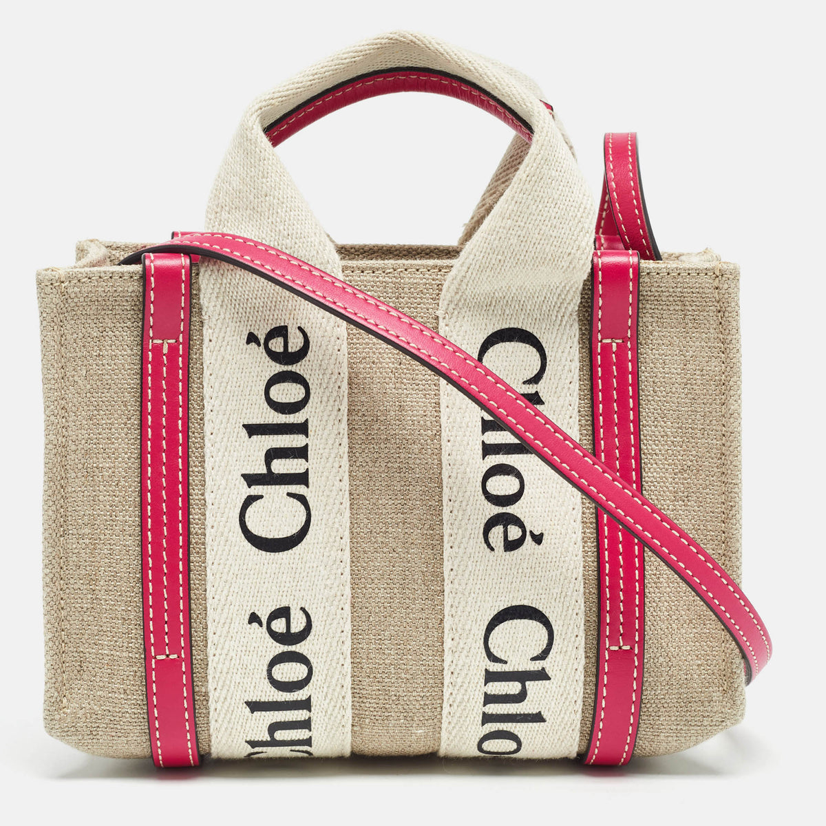 Chloe Pink/Beige Canvas and Leather Mini Woody Tote