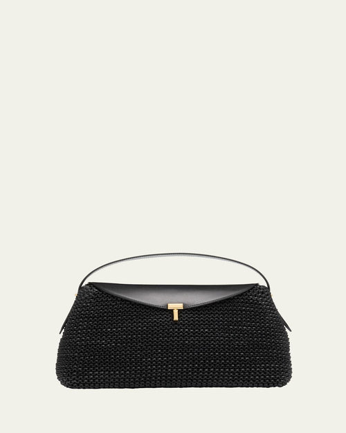 T Lock Woven Leather Top-Handle Bag