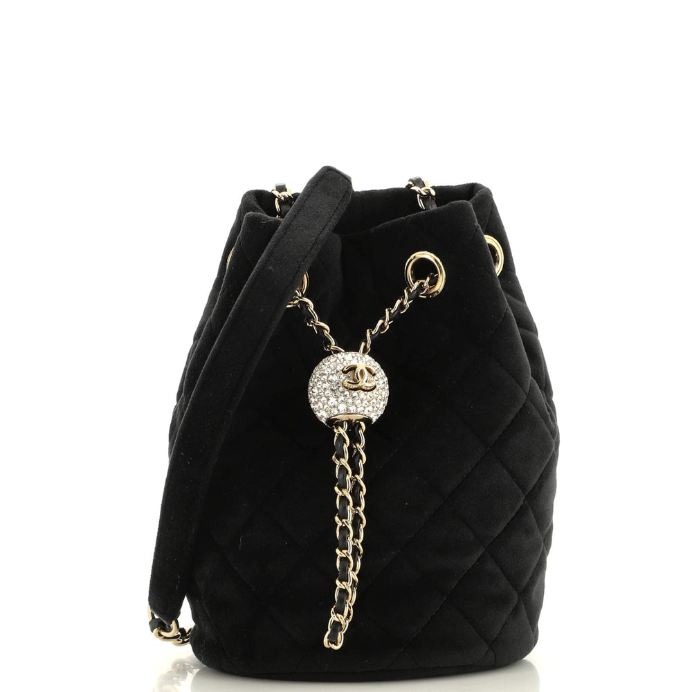 CHANEL Pearl Crush Drawstring Bucket Bag Quilted Velvet with Crystals